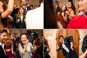 Dîner sous les guirlandes lumineuses dans la cour intérieure du prieuré.