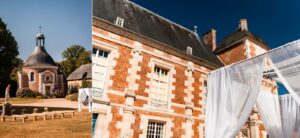 Outdoor Chuppah set up in the gardens of Château de Bonnemare for a Jewish destination wedding in Normandy.
