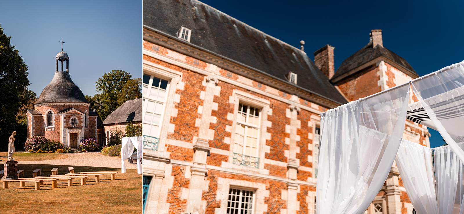 Outdoor Chuppah set up in the gardens of Château de Bonnemare for a Jewish destination wedding in Normandy.