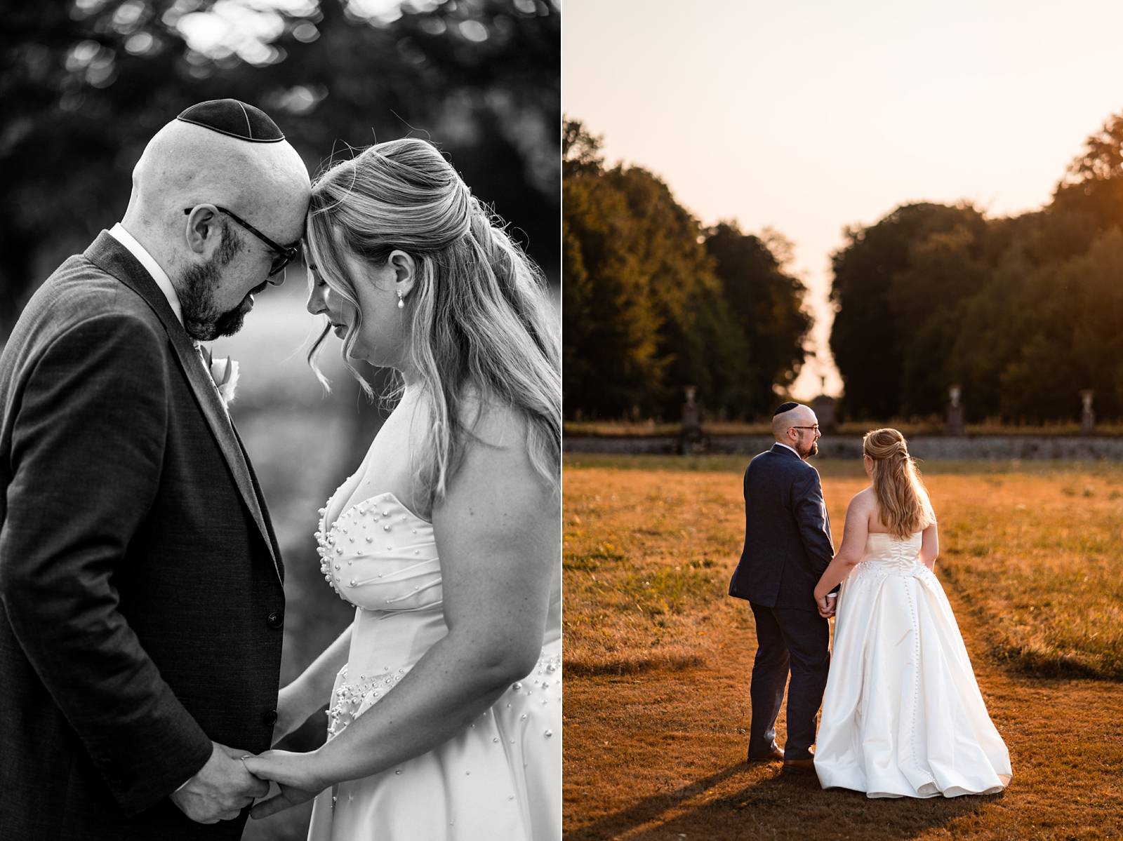 Jewish wedding couple pictures at sunset at Château de Bonnemare.