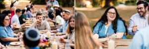 Guests enjoying a relaxed outdoor welcome dinner with wood-fired pizzas at Château de Bonnemare in Normandy.