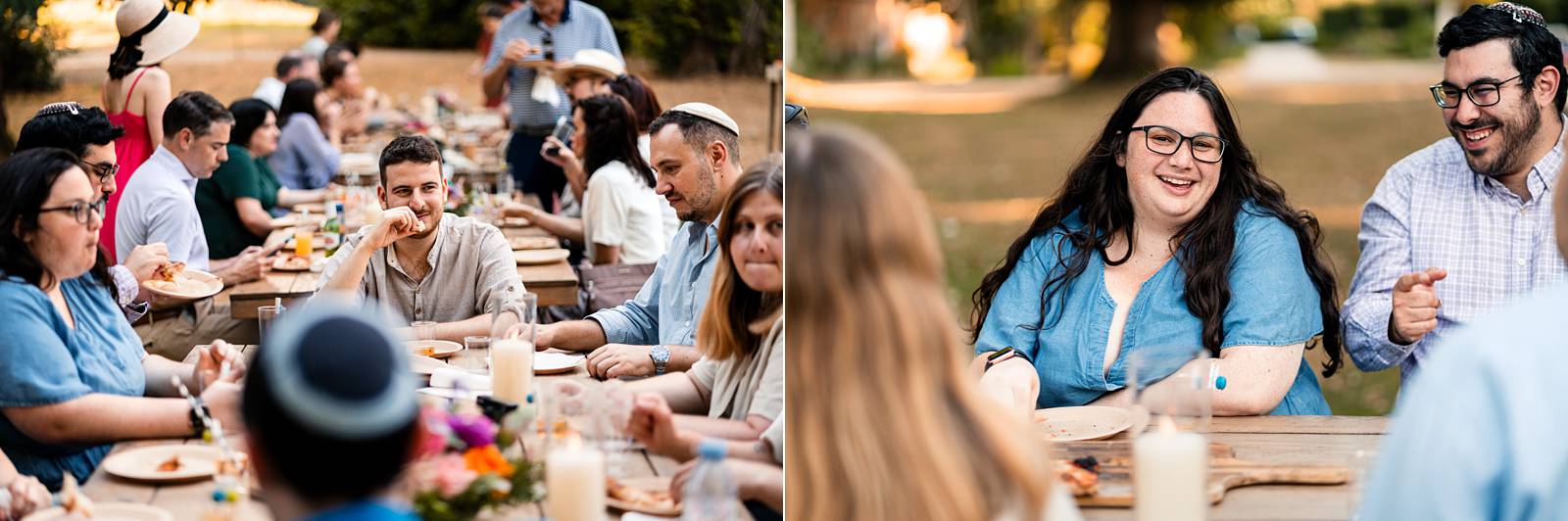 Guests enjoying a relaxed outdoor welcome dinner with wood-fired pizzas at Château de Bonnemare in Normandy.