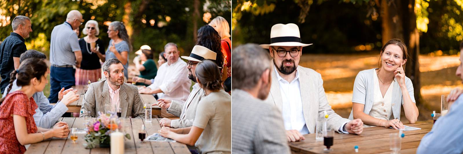 Casual outdoor welcome drinks and pizza night in the gardens of Château de Bonnemare, France.