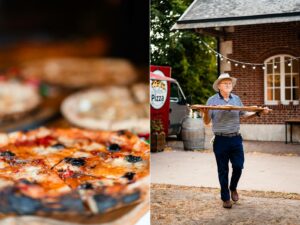 Casual outdoor welcome drinks and pizza night in the gardens of Château de Bonnemare, France.