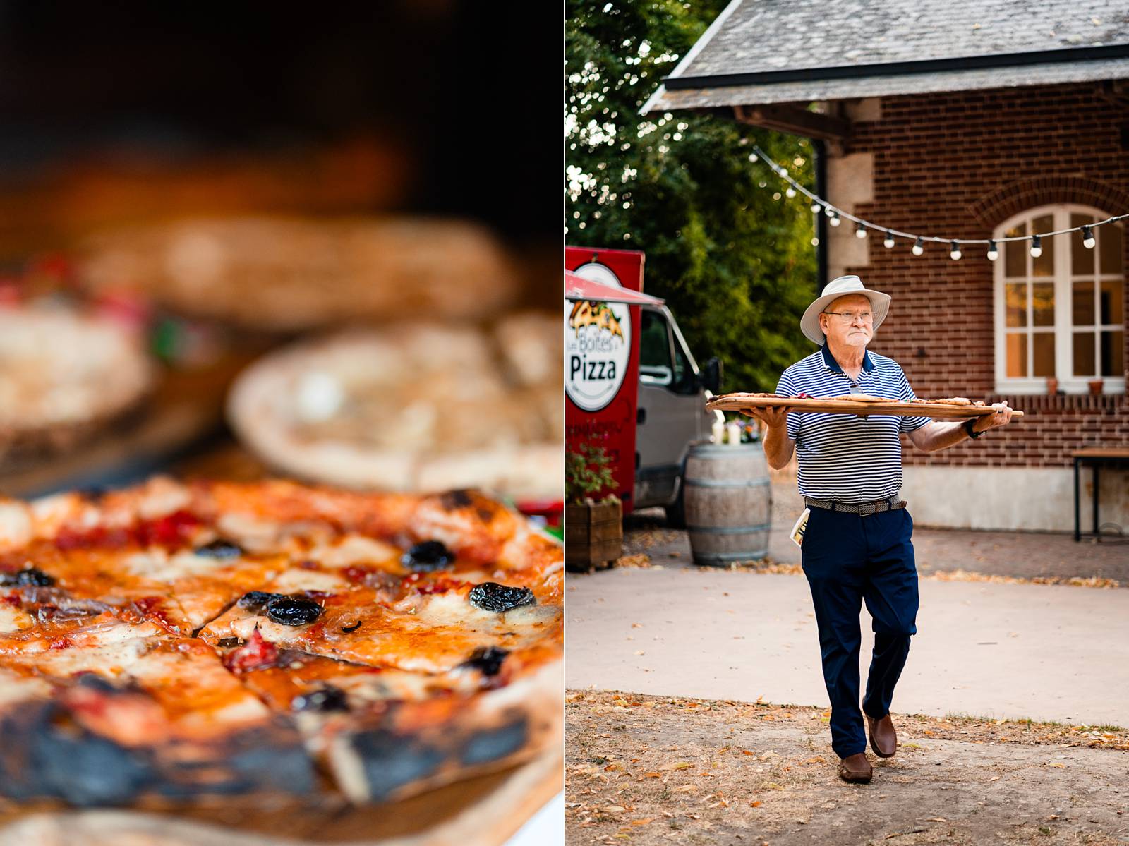 Casual outdoor welcome drinks and pizza night in the gardens of Château de Bonnemare, France.
